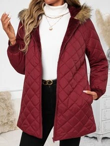 SHEIN Clasi Mantel Musim Dingin Wanita dengan Kerah Bulu Imitasi, Patchwork, Saku Pengencang Pinggang, dan Bantalan. - Burgundy - View 4