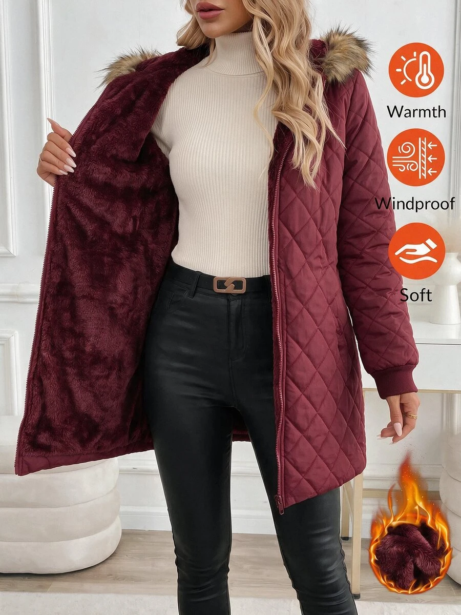 SHEIN Clasi Mantel Musim Dingin Wanita dengan Kerah Bulu Imitasi, Patchwork, Saku Pengencang Pinggang, dan Bantalan. - Burgundy - View 1