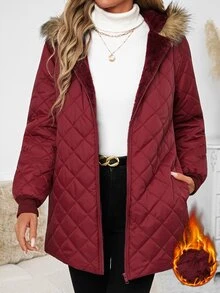 SHEIN Clasi Mantel Musim Dingin Wanita dengan Kerah Bulu Imitasi, Patchwork, Saku Pengencang Pinggang, dan Bantalan. - Burgundy - View 6