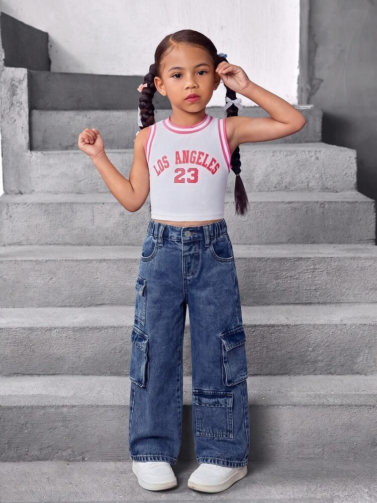 SHEIN Kids Young Girl Casual Daily Denim Jeans With Pockets And Buttons - Dark Wash - View 4
