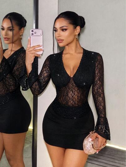 SHEIN BamGlam Women's Sexy Elegant Lace Bell Sleeve T-Shirt Halloween Party Going Out Night Night Out Club Black Autumn