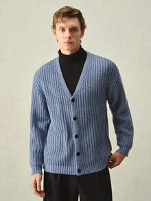 Manfinity CasualKnits Fall Clothes For Man Men's Casual Solid Color Cardigan, Versatile For Autumn/Winter Formal Old Money Cardigan Men - Blue - View 1