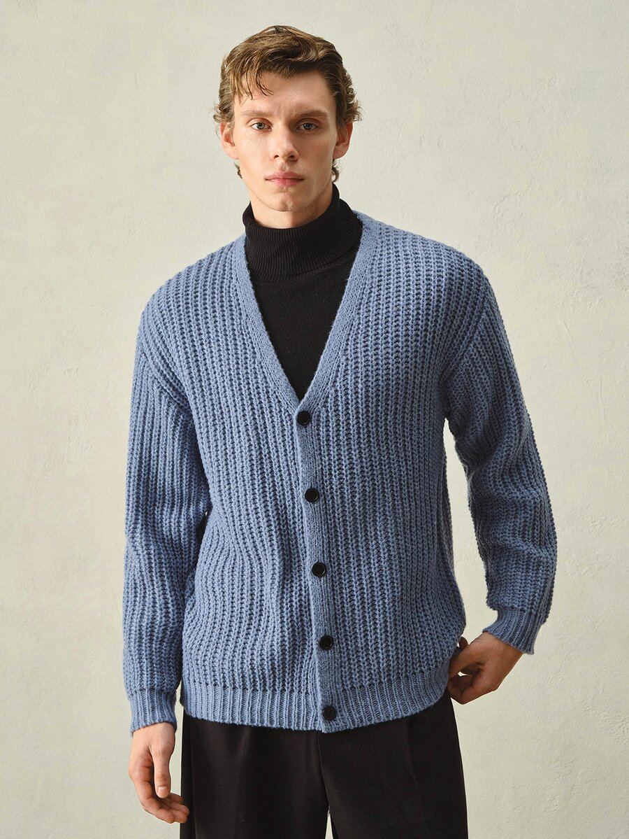 Manfinity CasualKnits Fall Clothes For Man Men's Casual Solid Color Cardigan, Versatile For Autumn/Winter Formal Old Money Cardigan Men - Blue - View 1
