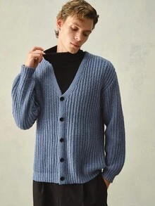 Manfinity CasualKnits Fall Clothes For Man Men's Casual Solid Color Cardigan, Versatile For Autumn/Winter Formal Old Money Cardigan Men - Blue - View 6
