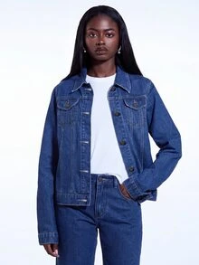 COUREZ 中蓝色水洗牛仔束身夹克/Y2K风格春季女式街头风蓝色外套外出派对可爱夏季牛仔外套 - 深色水洗藍 - 查看 3