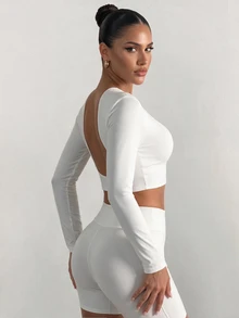 Sirith Pure Desire Style Backless Long Sleeve Inner Shirt, High Elasticity Slim Fit Round Neck Tight Base Layer Top, European And American Sexy Girl Solid Color - White - View 2