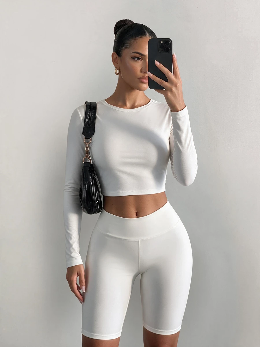 Sirith Pure Desire Style Backless Long Sleeve Inner Shirt, High Elasticity Slim Fit Round Neck Tight Base Layer Top, European And American Sexy Girl Solid Color - White - View 1