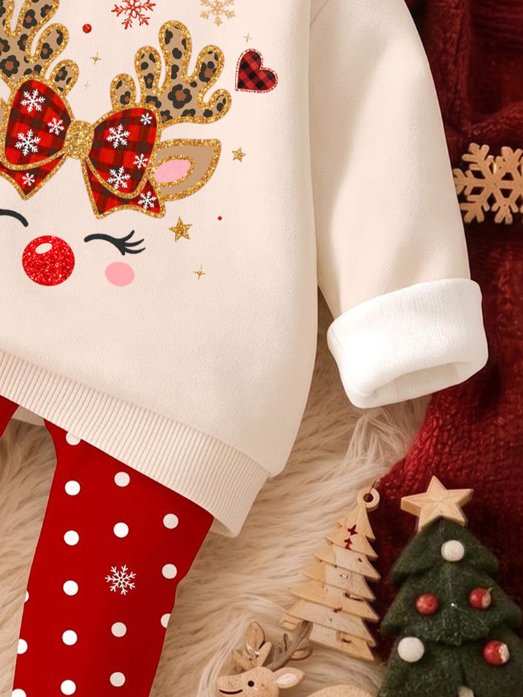 Cream White & Christmas Red, Super Cute Sweet Girl Hand-Drawn Polka Dot Snowflake Reindeer & Fawn Pattern Print, Baby Girl Casual Fleece Crew Neck Sweatshirt & Brushed Leggings Set, New Style Suitable For Autumn/Winter Daily Wear, Outings, Christmas Outfit, Warm Winter - Multicolor - View 5