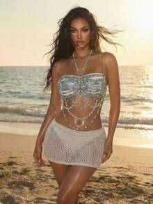 Sirith Light Blue And White,Summer,Casual,Holiday,Vacation,Holiday Women's Colorful Beaded Cover-Up, Bohemian Music Festival Design Summer/Autumn Top - Blue - View 3