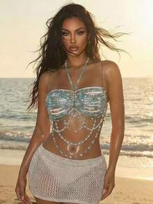 Sirith Light Blue And White,Summer,Casual,Holiday,Vacation,Holiday Women's Colorful Beaded Cover-Up, Bohemian Music Festival Design Summer/Autumn Top - Blue - View 1