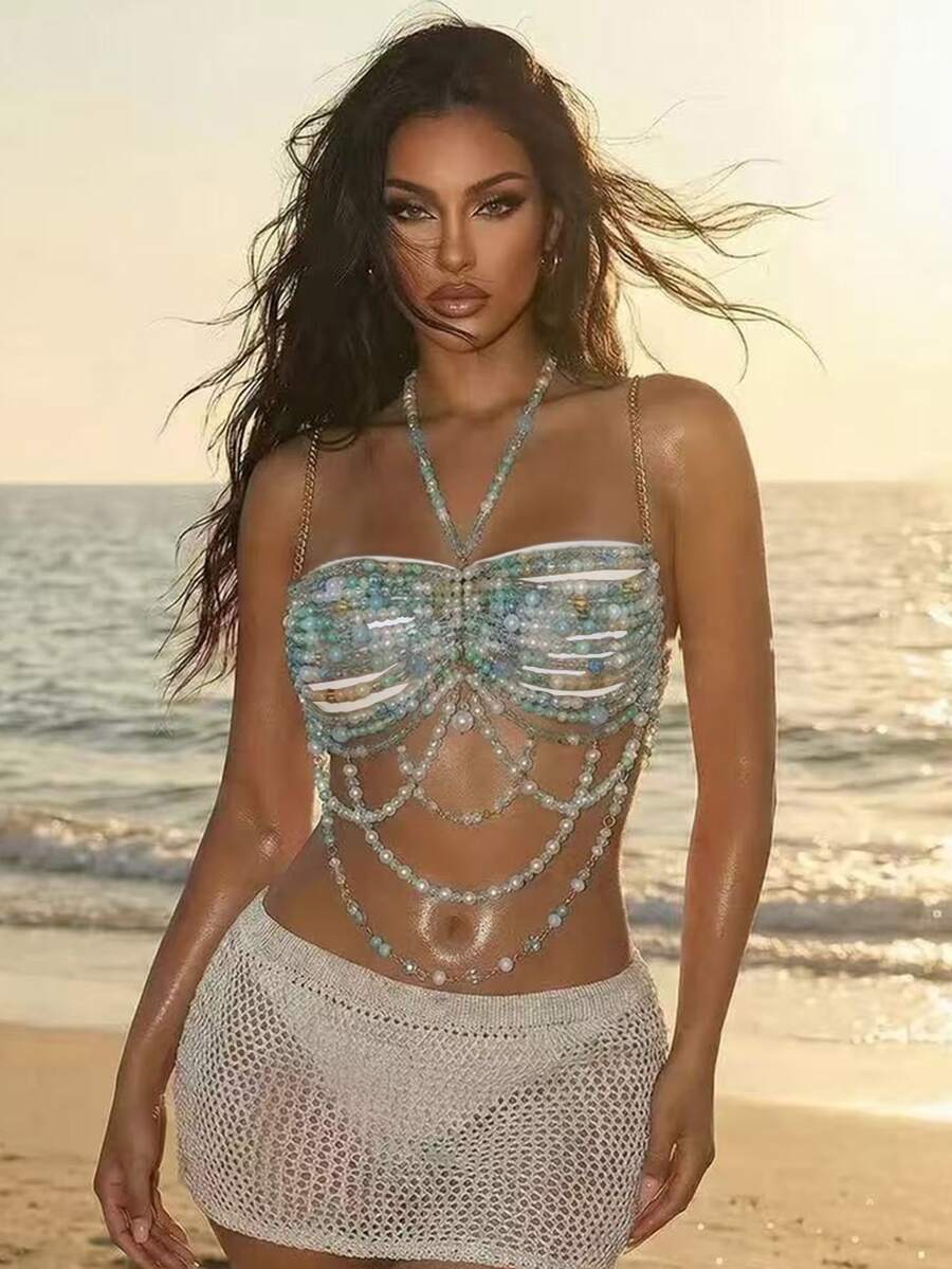 Sirith Light Blue And White,Summer,Casual,Holiday,Vacation,Holiday Women's Colorful Beaded Cover-Up, Bohemian Music Festival Design Summer/Autumn Top - Blue - View 1