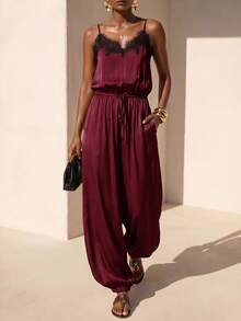 Zivah Women's Elegant Lace Patchwork Spaghetti Strap Jumpsuit - Burgundy - View 1