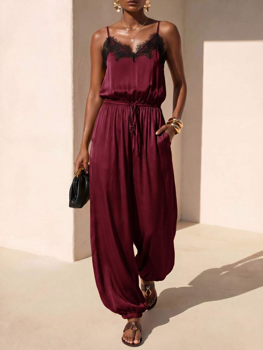 Zivah Women's Elegant Lace Patchwork Spaghetti Strap Jumpsuit - Burgundy - View 1