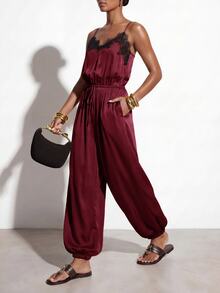 Zivah Women's Elegant Lace Patchwork Spaghetti Strap Jumpsuit - Burgundy - View 7