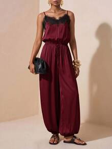 Zivah Women's Elegant Lace Patchwork Spaghetti Strap Jumpsuit - Burgundy - View 3