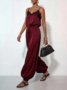 Zivah Women's Elegant Lace Patchwork Spaghetti Strap Jumpsuit - Burgundy - View 4