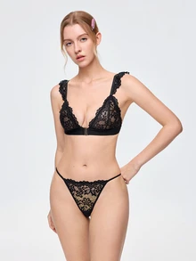 Bonmuse Women's Front Closure Deep V Neck Lace Bra Set Black Thin Cup Design Wireless Sexy Bra And Thong - Black - View 3