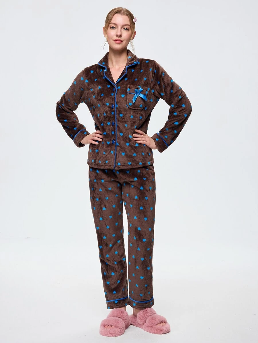 Bonmuse 2pcs/Set Autumn/Winter Heart Print Flannel Pajamas, Lapel Front Pocket Open Front, Romantic Casual Loungewear - Brown - View 1