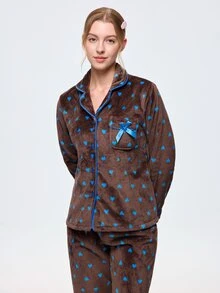 Bonmuse 2pcs/Set Autumn/Winter Heart Print Flannel Pajamas, Lapel Front Pocket Open Front, Romantic Casual Loungewear - Brown - View 6