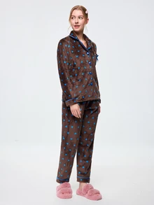 Bonmuse 2pcs/Set Autumn/Winter Heart Print Flannel Pajamas, Lapel Front Pocket Open Front, Romantic Casual Loungewear - Brown - View 5