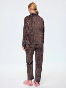 Bonmuse 2pcs/Set Autumn/Winter Heart Print Flannel Pajamas, Lapel Front Pocket Open Front, Romantic Casual Loungewear - Brown - View 2