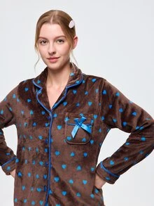 Bonmuse 2pcs/Set Autumn/Winter Heart Print Flannel Pajamas, Lapel Front Pocket Open Front, Romantic Casual Loungewear - Brown - View 7