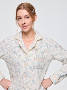 Bonmuse 2 PCS,Blue Ditsy Floral Pajama Set, Romantic Ditsy Plush Fleece, Button-Front, Ramadan Lace Patchwork HomeWear, Autumn/Winter - Sky Blue - View 8