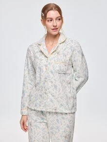 Bonmuse 2 PCS,Blue Ditsy Floral Pajama Set, Romantic Ditsy Plush Fleece, Button-Front, Ramadan Lace Patchwork HomeWear, Autumn/Winter - Sky Blue - View 7