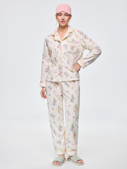Bonmuse 2pcs/Set Women's Floral Pattern Lapel Long Sleeve Pajamas, Winter Flower Flannel Romantic Comfortable Loungewear, Can Be Worn Outdoors