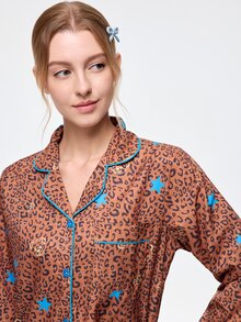 Bonmuse Women's 2-Piece Brown Leopard Print Lace Long Sleeve Loungewear, Open Front Lapel Romantic Star Print Pajama Set, Suitable For All Seasons - Khaki - View 8
