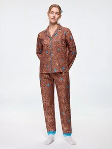 Bonmuse Women's 2-Piece Brown Leopard Print Lace Long Sleeve Loungewear, Open Front Lapel Romantic Star Print Pajama Set, Suitable For All Seasons - Khaki - View 6