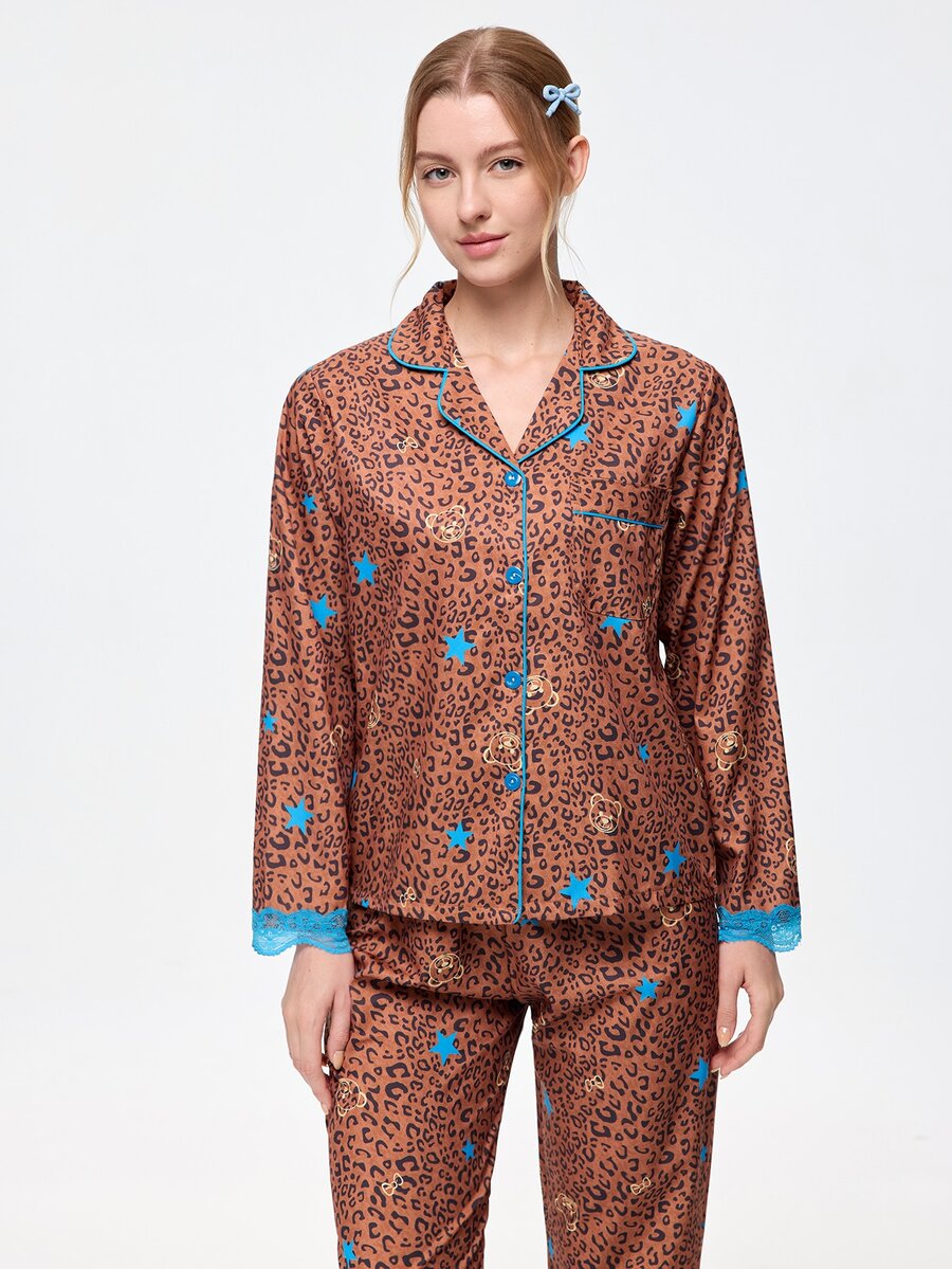 Bonmuse 2 Pieces Brown Leopard Print Lace Long Sleeve Loungewear, Open Front Lapel Romantic Star Print Pajama Set - Khaki - View 1