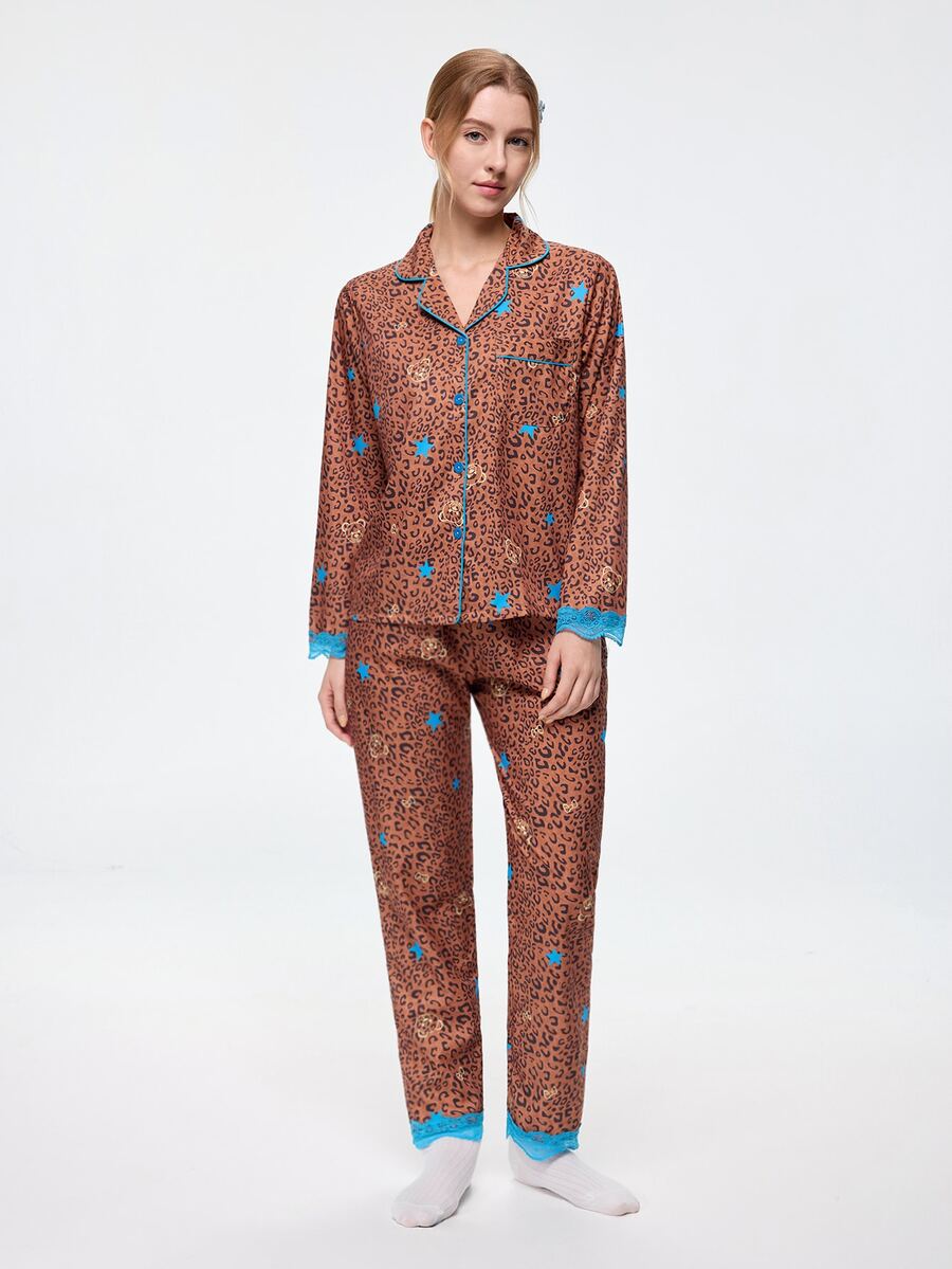 Bonmuse Women's 2-Piece Brown Leopard Print Lace Long Sleeve Loungewear, Open Front Lapel Romantic Star Print Pajama Set, Suitable For All Seasons - Khaki - View 1