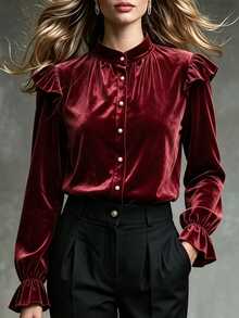 Penseblé European And American Vintage Burgundy Velvet Pearl Button Stand Collar Pleated Blouse, Palace Style Ruffle Shoulder, Luxury Elegant Elegant Top, Suitable For Commuting, Party, Holiday, Banquet - Burgundy - View 3