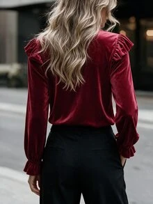 Penseblé European And American Vintage Burgundy Velvet Pearl Button Stand Collar Pleated Blouse, Palace Style Ruffle Shoulder, Luxury Elegant Elegant Top, Suitable For Commuting, Party, Holiday, Banquet - Burgundy - View 2