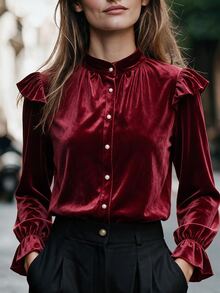 Penseblé European And American Vintage Burgundy Velvet Pearl Button Stand Collar Pleated Blouse, Palace Style Ruffle Shoulder, Luxury Elegant Elegant Top, Suitable For Commuting, Party, Holiday, Banquet - Burgundy - View 4