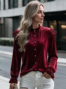 Penseblé European And American Vintage Burgundy Velvet Pearl Button Stand Collar Pleated Blouse, Palace Style Ruffle Shoulder, Luxury Elegant Elegant Top, Suitable For Commuting, Party, Holiday, Banquet - Burgundy - View 5