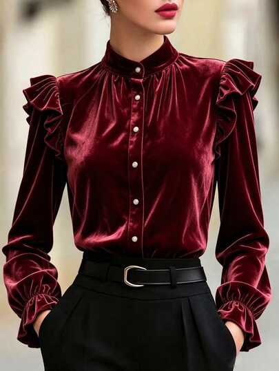 Penseblé Blus Lipit Kerah Tegak Kancing Mutiara Beludru Burgundy Vintage Eropa dan Amerika, Bahu Berkerut Gaya Istana, Atasan Mewah dan Elegan, Cocok untuk Bepergian, Pesta, Liburan, dan Perjamuan.