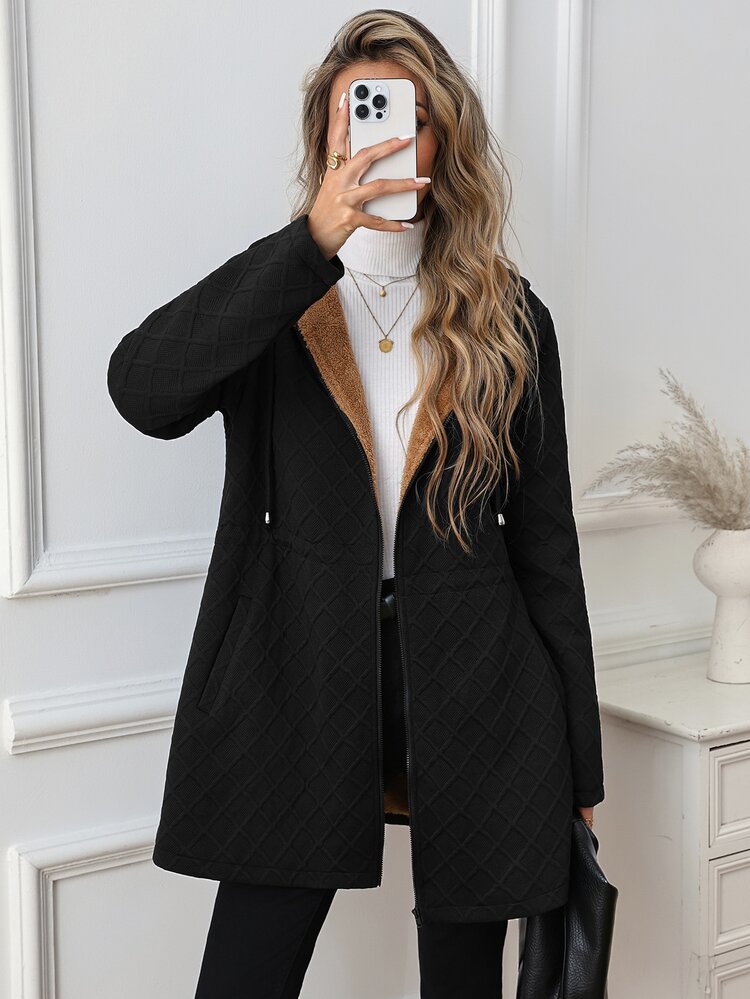 SHEIN Clasi جاكيت نسائي بلون موحد مبطن حراري كاجوال متعدد الاستخدامات للارتداء اليومي بأكمام طويلة - الأسود - مشاهدة 8