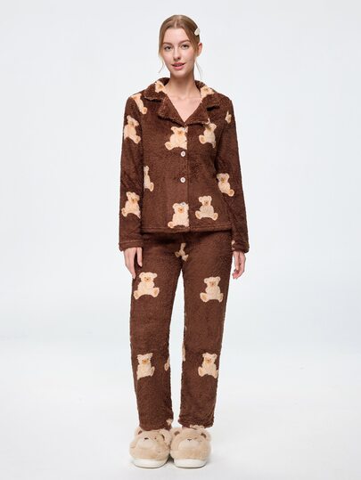Bonmuse Women's Winter Thickened Flannel Loungewear Set, Deep Brown Base With Cartoon Bear Print, Versatile And Stylish. Lapel Collar Open Front For Easy Wear, Long Sleeve And Long Pants Comfortable Fit, Double-Sided Plush Skin-Friendly And Warm, Soft And Thick To Resist Cold, Perfect For Daily Home Relaxation, Full Of Youthful Charm