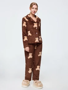 Bonmuse Women's Winter Thickened Flannel Loungewear Set, Deep Brown ...