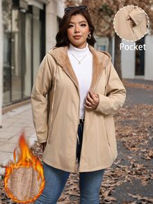 Reflora 大尺碼冬季休閒百搭保暖內裡連帽外套 - 卡其色 - 查看 11