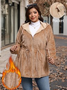 Reflora 大尺碼冬季休閒百搭保暖內裡連帽外套 - 卡其色 - 查看 5