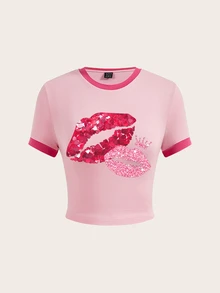 SHEIN ICON Pink And Red Casual Y2k Sexy Minimalist Lip Print Pattern Contrast Color Neckline Cuffs Fitted Short Sleeve Cropped T-Shirt For Women Summer Pullover - Pink - View 4