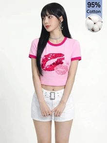 SHEIN ICON Pink And Red Casual Y2k Sexy Minimalist Lip Print Pattern Contrast Color Neckline Cuffs Fitted Short Sleeve Cropped T-Shirt For Women Summer Pullover - Pink - View 7