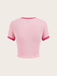 SHEIN ICON Pink And Red Casual Y2k Sexy Minimalist Lip Print Pattern Contrast Color Neckline Cuffs Fitted Short Sleeve Cropped T-Shirt For Women Summer Pullover - Pink - View 2