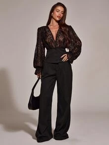 SHEIN BAE Elegant Sexy Lace Patchwork Jacket - Black - View 4