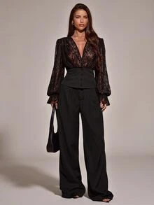 SHEIN BAE Elegant Sexy Lace Patchwork Jacket - Black - View 3