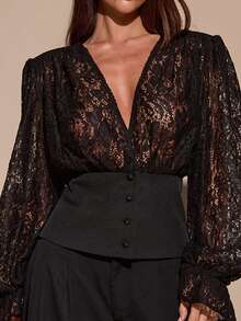 SHEIN BAE Elegant Sexy Lace Patchwork Jacket - Black - View 6