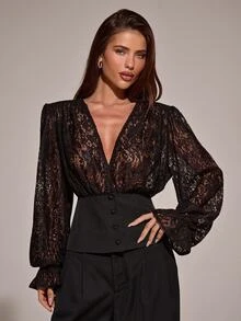 SHEIN BAE Elegant Sexy Lace Patchwork Jacket - Black - View 1